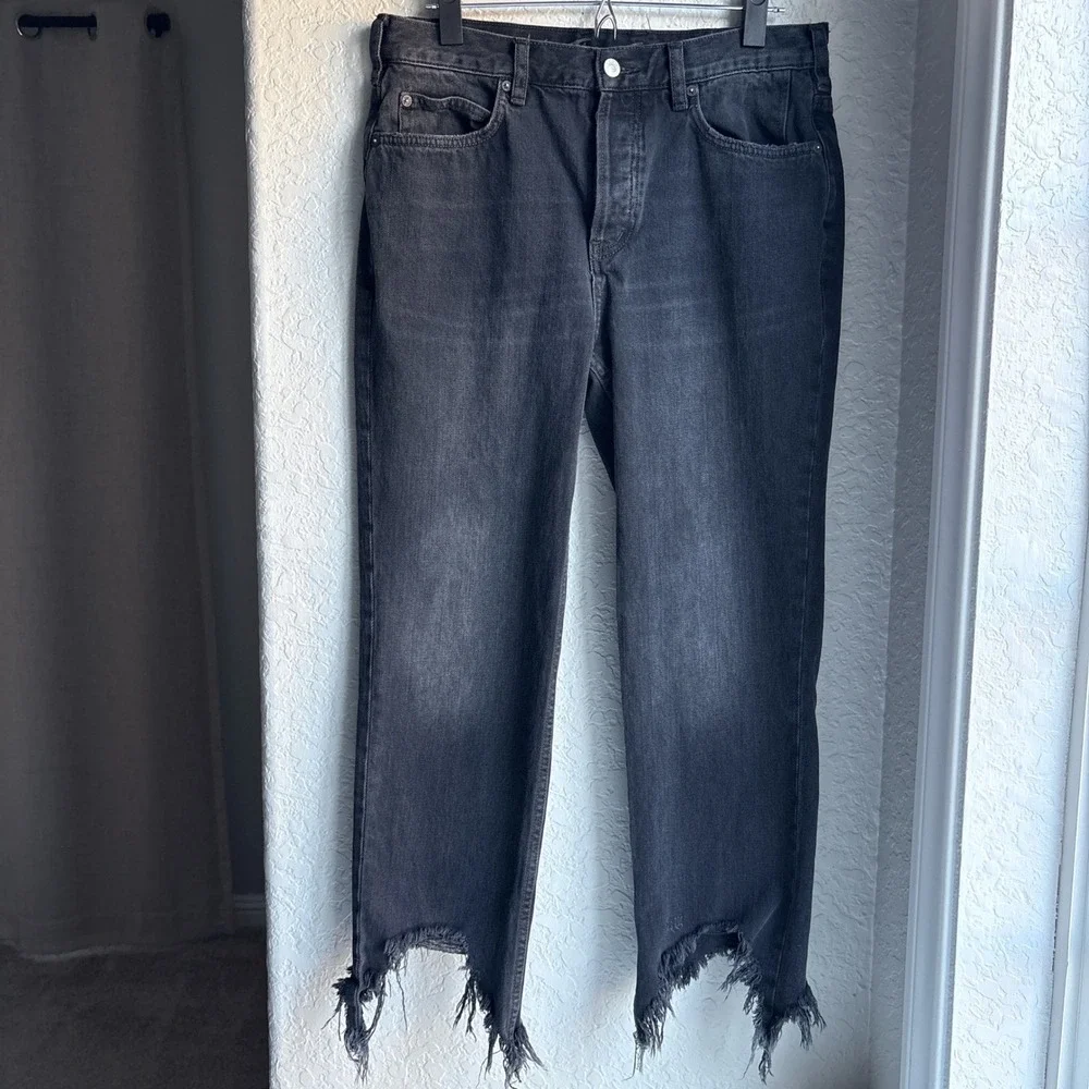 We The Free Free People Black Straight Distressed Jeans Raw Hem Button Fly 28 - Picture 1 of 13